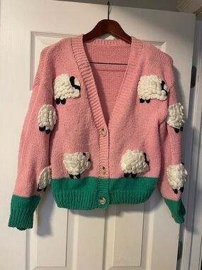 Adorable Pink Sheep Knit Cardigan with Green Hem - Women's Sweater 🌸